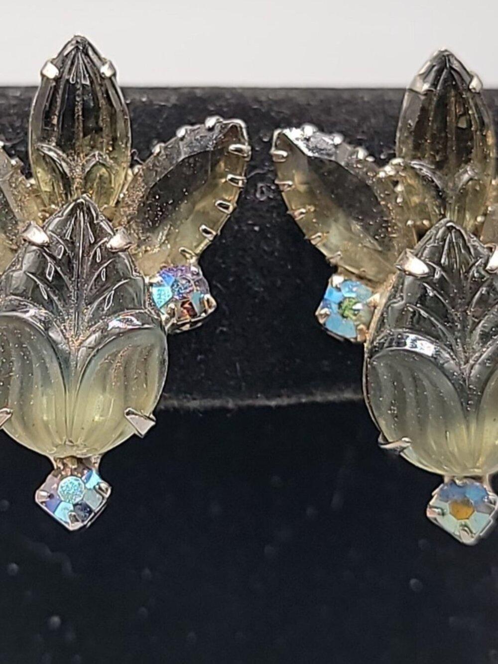 Juliana D&E Smokey Gray Molded Glass Leaf Earrings w/ AB Rhinestones Vintage